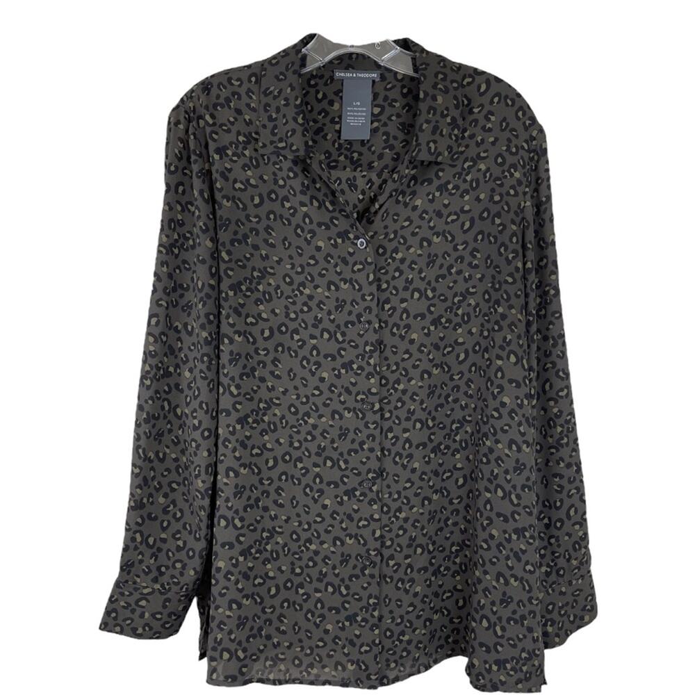 Chelsea & Theodore brown black animal print button front collared shirt large